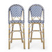 Outdoor Rattan French Barstool Set,, Bamboo, Seat Height - Navy Blue / White