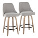 Studded - Marcel Fixed-Height Counter Stool (Set of 2) - Whitewashed Wood, Light Gray Fabric, Brass Metal, Black Metal