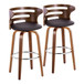Cosi - 30" Fixed-Height Barstool With Swivel And Round Chrome Metal Footrest (Set of 2) - Walnut Wood And Brown Faux Leather