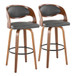 Pino - Mid-Century Modern Fixed-Height Swivel Barstool (Set of 2) - Walnut Wood And Gray Faux Leather With Round Black Metal Footrest