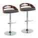 Cassis - Contemporary Adjustable Swivel Barstool (Set of 2) - Chrome Metal, Walnut Wood And Gray Faux Leather With Round T Footrest