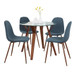 Folia - Round Pebble Mid-Century Modern 5 Piece Dining Room Set - Walnut Wood, Round Clear Tempered Glass, Walnut Metal And Blue Fabric
