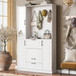 Entryway Bench With Integrated Shoe Cabinet, 3 In 1 Design And Mirrored Cabinet Door, Hall Tree With 4 Sturdy Hooks And Foldable Seat For Entrance, Living Room - White