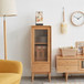 Free-Standing Corner Storage Cabinet With Vintage Glass Door, 2 Shelves, 1 Drawers & Brass Handle For Living Room - Natural