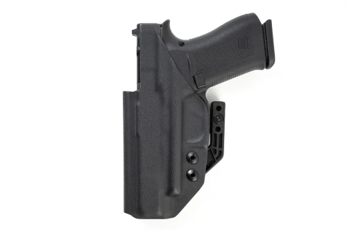 Front view of black Kydex IWB holster with pistol holstered, showing smooth outer shell and claw edge