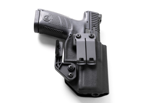 Black Kydex IWB holster with CZ P10-C holstered, back view showing dual belt clips and claw attachment
