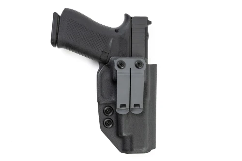Rear view of black Kydex IWB holster for Glock 48 MOS with single grey belt clip, no claw