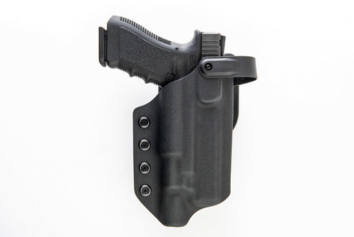 Black Kydex level 2 duty holster with Glock 19 holstered, front view with retention hood rotated open