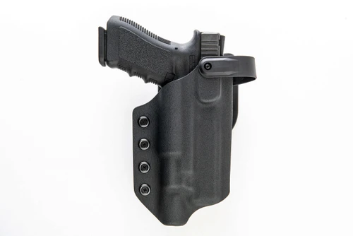 Black Kydex Level 2 duty holster with Glock 17 holstered, retention hood rotated open, front view