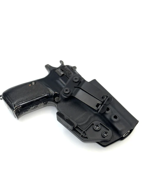 Black Kydex IWB holster for CZ 82 with pistol holstered, back view showing belt clip and claw