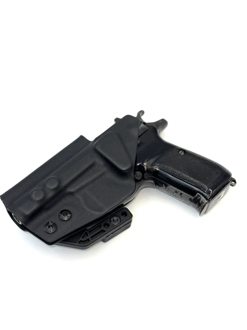 Front view of black Kydex IWB holster with CZ 82 pistol holstered, showing molded trigger guard