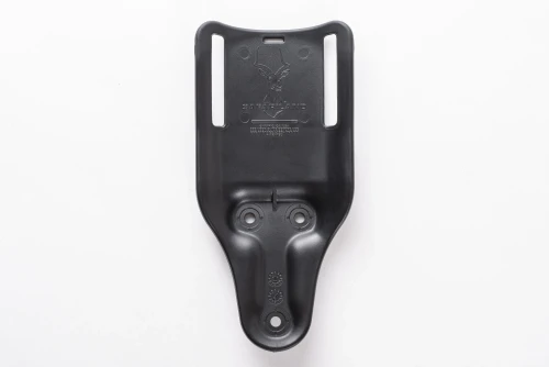 Safariland UBL Low belt mount in black polymer, front view showing belt slots and holster mounting holes