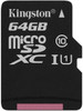 Kingston SDC10G2/64GBSP Kingston | 64GB MicroSDXC UHS-I/U1 Class 10 Memory Card, black with white labels and pink detail at the bottom.