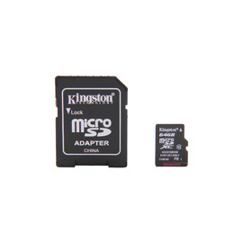 Kingston SDCX10/64GB Kingston | 64GB MicroSDXC Memory Card SDCX10 Class 10 Flash Card, with SD card adapter and microSD card, black and white packaging.