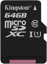 Kingston SDC10G2/64GBSP Kingston | 64GB MicroSDXC UHS-I/U1 Class 10 Memory Card, black with white labels and pink detail at the bottom.