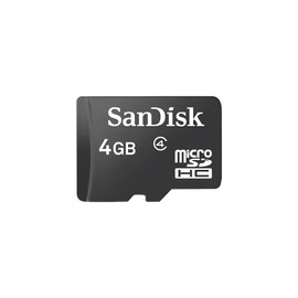 SanDisk SDSDQ-004G, 4GB microSDHC Class 4 Memory Card, close-up of the black memory card with white brand and specifications printed on it.