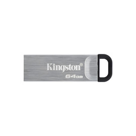 Kingston Data Traveler Kyson 64GB Memory USB Flash Drive, silver with black cap, compact and portable design.