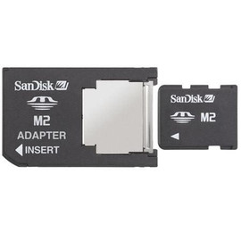 SanDisk M2-USB Sandisk | M2 Memory Stick Micro to PRO DUO Mobile Memory Adapter, close-up view of the black MicroSD to PRO Duo adapter with the M2 memory card inserted.