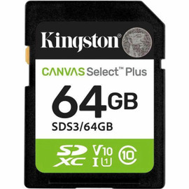 Kingston 10/UHS-I U1 Kingston | Canvas Select Plus 64 GB Class V10 SDXC 100 MB/s Read/Write SD Card, front view showing label with capacity and specifications.