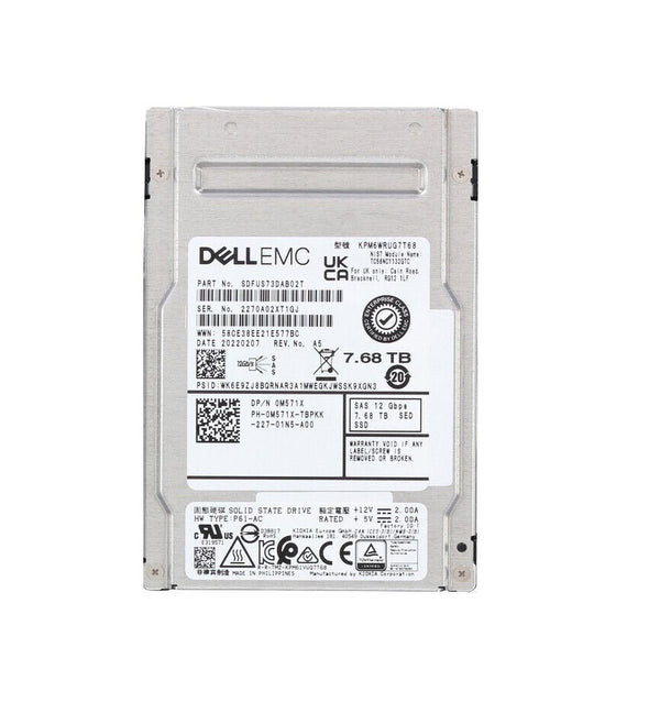 Dell 5T78C / Kioxia KPM6WRUG7T68 7.68TB 2.5" SFF 24Gbps Read Intensive 1-DWPD BICS Flash TLC SAS SED / FIPS 140-2  Encrypted SSD
