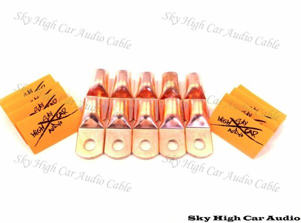 Sky High Car Audio 1/0 Gauge Copper Ring Terminals w/ Heat Shrink Tubing - 10 Pack