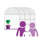 Icon of greenhouse with family standing in front
