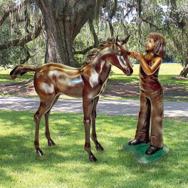 Preening Equestrian Girl and Horse Cast Bronze Garden Statue