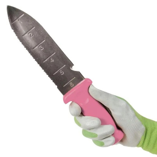 Pink Deluxe Stainless Steel Soil Knife pointing up