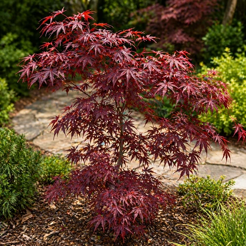 Dragon tears Japanese maple tree in garden light