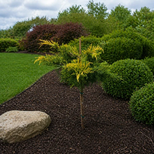 Gold Lace Juniper Tree Form in garden setting