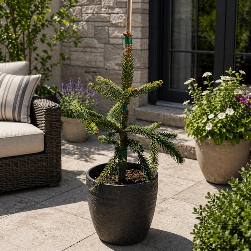 Weeping Golden Norway Spruce in pot at the patio