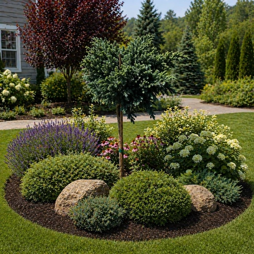 Blue Star Juniper Tree Form with vibrant landscaping