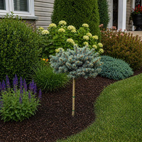 Dwarf Globe Blue Spruce Tree Form in a Well-maintained garden in front of a house