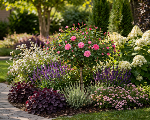 Knock Out Double Pink Rose Tree In Landscape