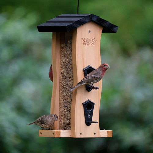 Cedar Vertical Wave Bird Feeder with birds around it