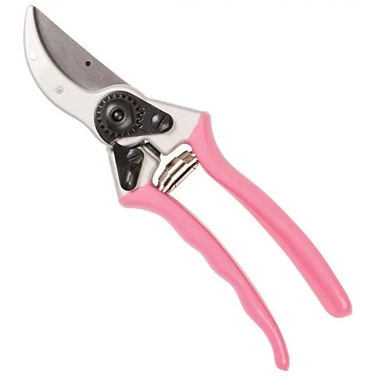 Pruner pink-handled bypass pruner unsheathed
