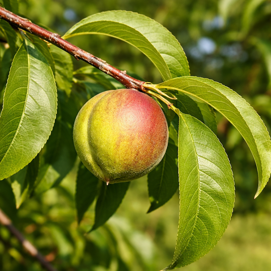 Unripe Rose Princess Nectarine fruit on a sunny branch