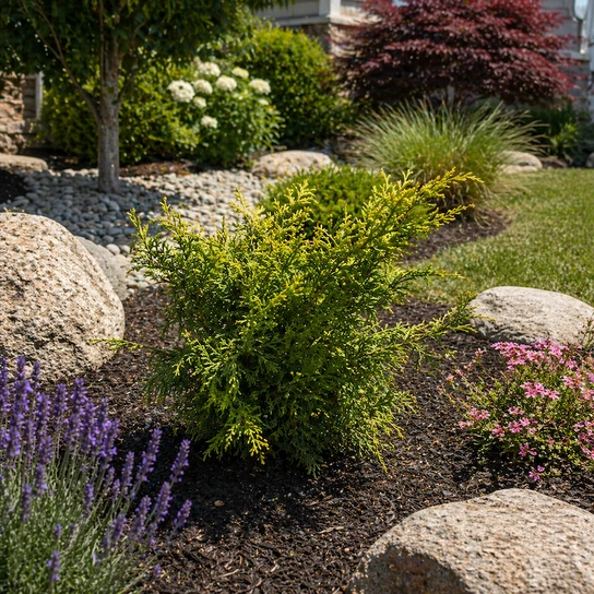 Golden Hinoki Cypress in landscape garden setting