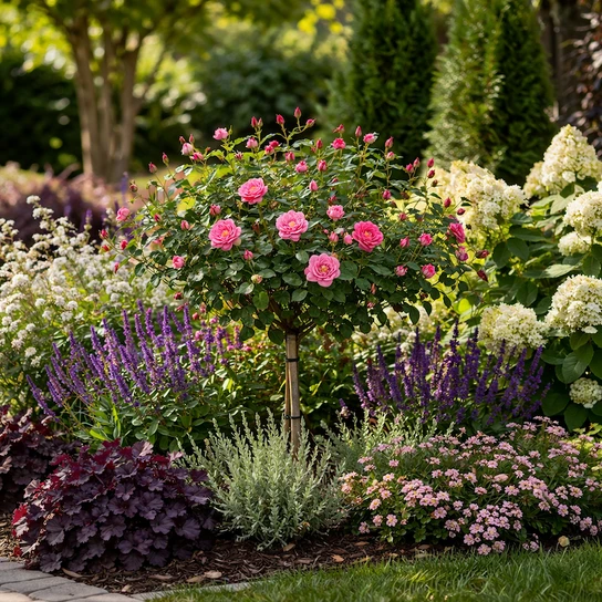 Knock Out Double Pink Rose Tree In Landscape