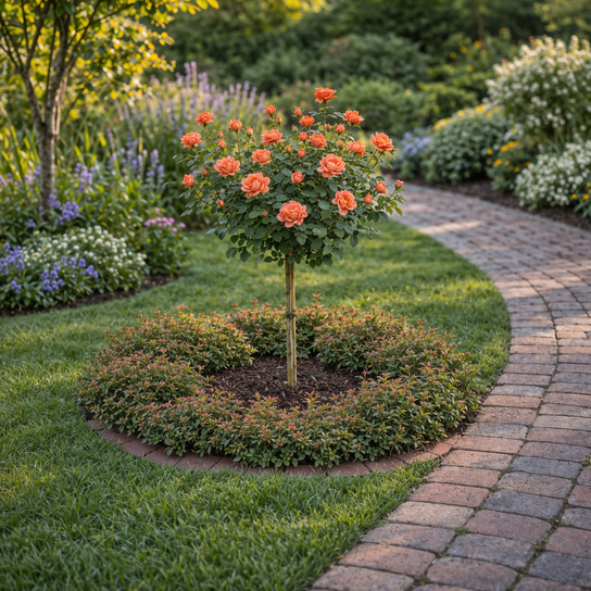 Coral Knock Out® Rose - Tree Form In Landscape