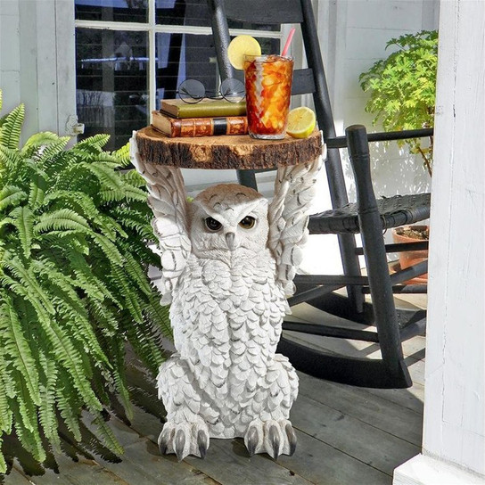 Wisdom Owl Sculptural Plant Stand Next to Fern Plant