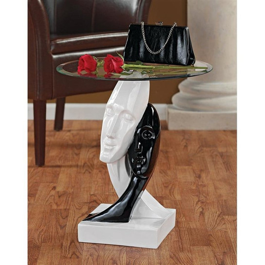 Lovers in Black and White Sculptural Glass-Topped Plant Stand