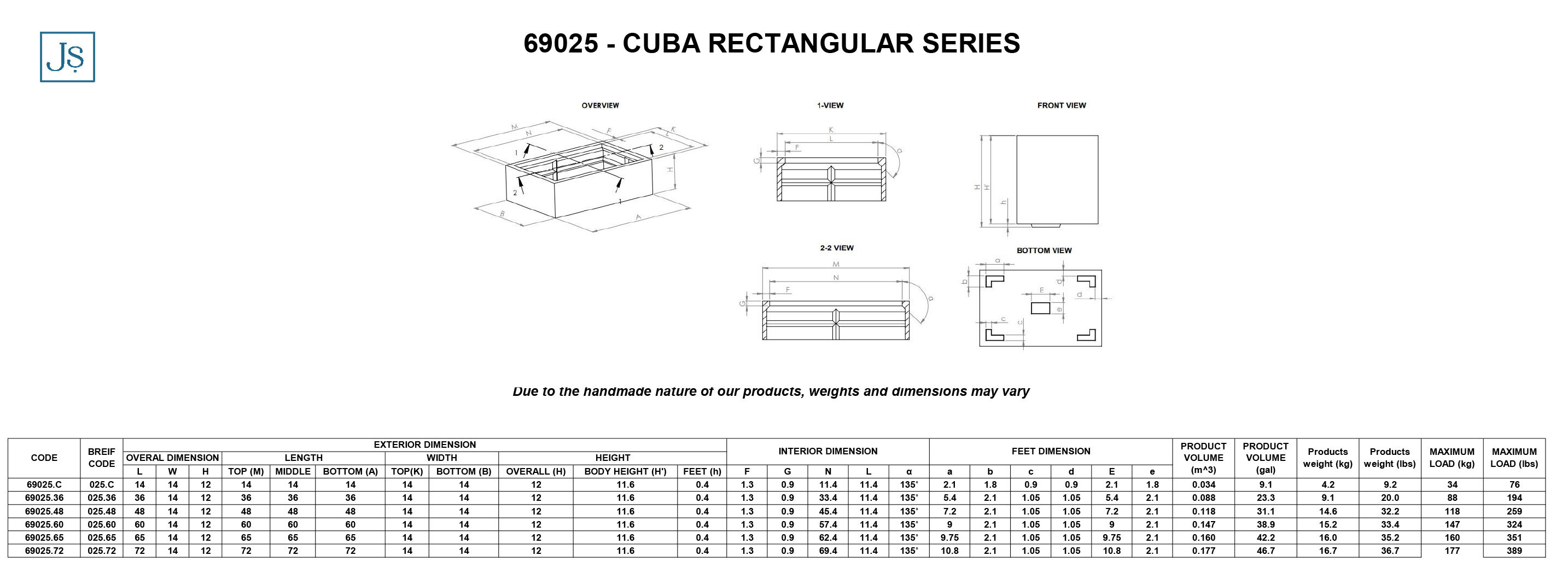 Cuba Rectangular Series Dimensions