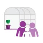 Icon of greenhouse with family standing in front