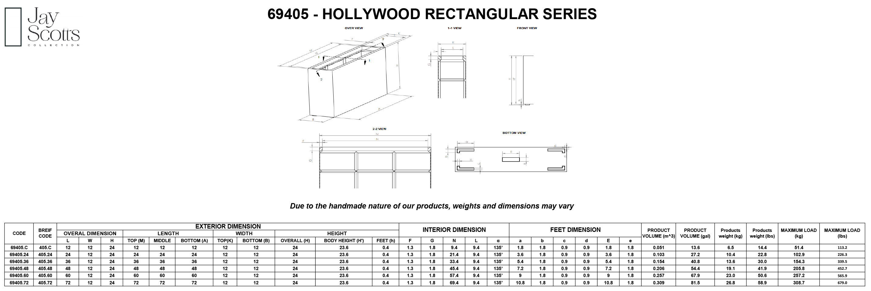 Hollywood Rectangular Planter Dimensions