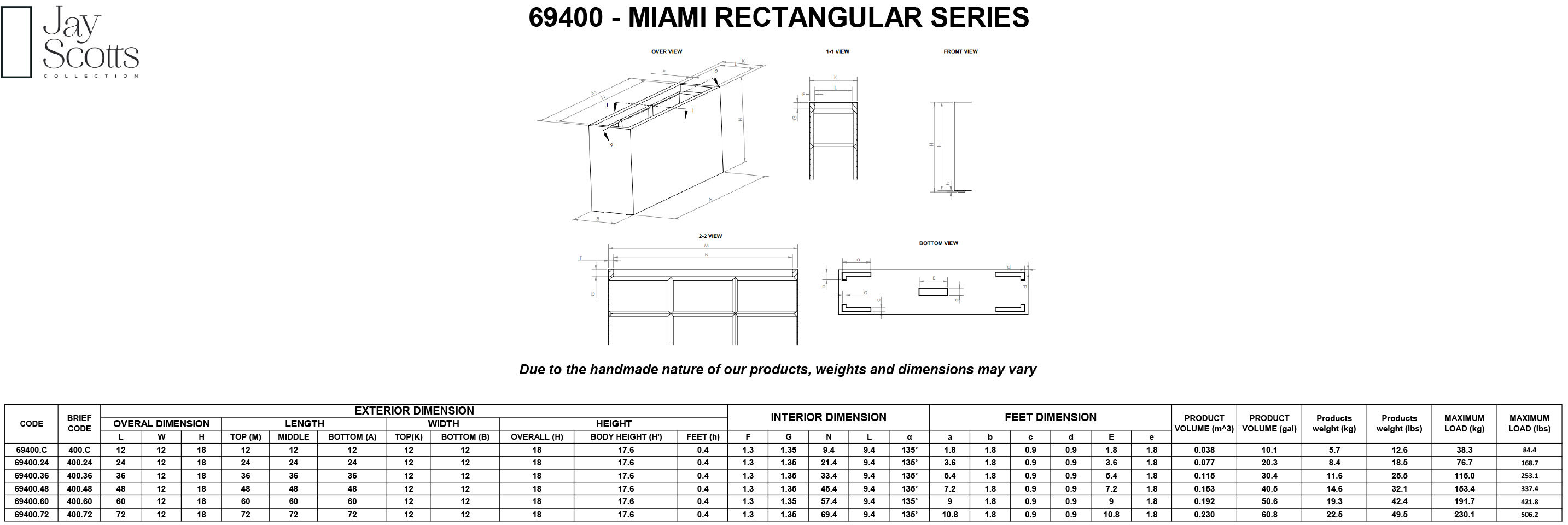Miami Rectangular Planter Dimensions