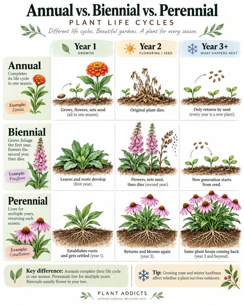 Plant Addicts infographic comparing annual, biennial, and perennial plant life cycles over three years. Annual zinnias grow and set seed in the first season before dying. Biennial foxgloves grow leaves in year one, then flower and produce seeds in year two. Perennial coneflowers survive and continue growing in years two, three, and beyond.