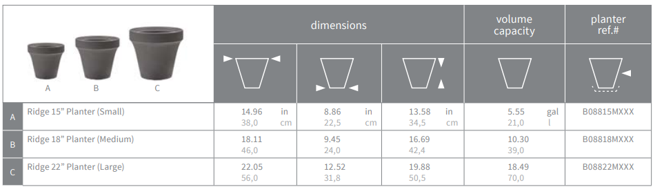Flex Ridge Planters Dimensions and Sizes