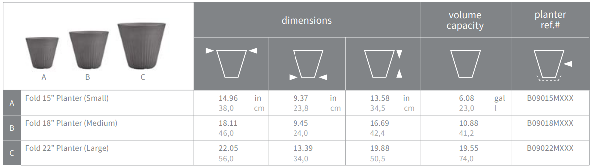 Flex Fold Planters Sizes and Dimensions