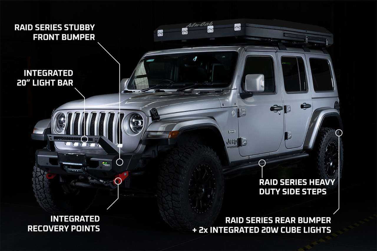 Raid Armor Package | Stubby Front Bumper | Rear Bumper | Side Steps | Suited For Jeep Wrangler JLU (4 Door)